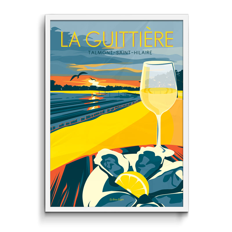 Poster: Ein Teller Austern mit einem Glas Weißwein bei Sonnenuntergang in Frankreich in Talmont Saint Hilaire in der Vendée