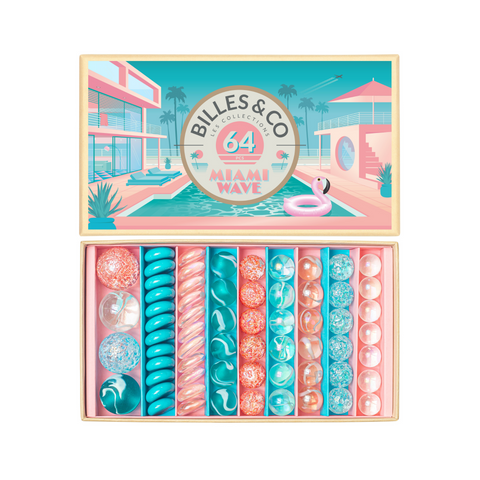 Miami wave Box mit 64 Glasmurmeln in blau und rosa Farben von der Marke Bille & Co