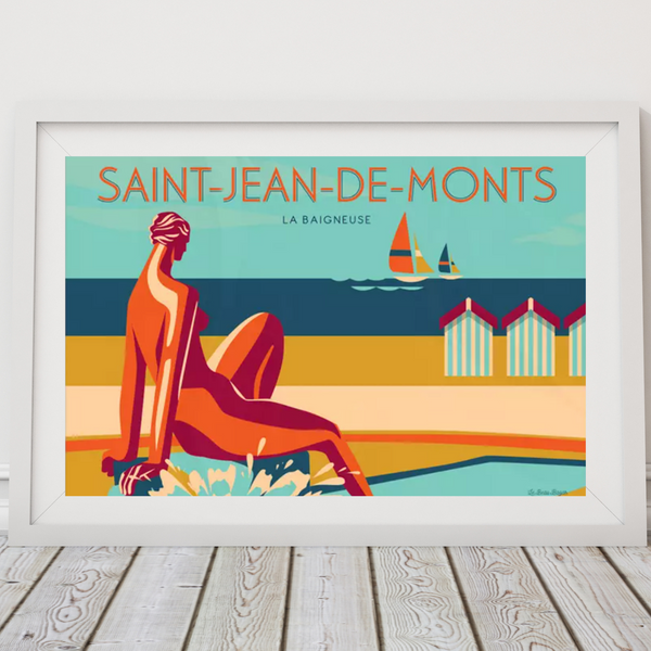 Audette.de - Poster von der Stadt Saint Jean de Monts in der Region Vendee in Frankreich - eine Frau sitzt und starrt auf den Horizont und das Meer. blau-weiß gestreifte Strandhütten am Rande des Sandstrandes. Segelschiffe ziehen in der Ferne vorbei. 