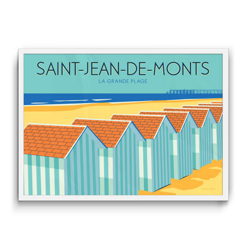 La grande plage, Saint-Jean-de-Monts - Poster 30 x 40 cm: Strand, Atlantik und kleine Holzhütte weiß und blau auf dem Strand