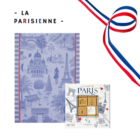 Geschenkbox aus Frankreich mit einem Paris Geschirrtuch von Le Jacquard Francais und Paris Zuckerstücke von Canasuc - Audette.de