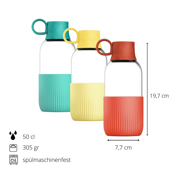 Gobi Indoor personalisierbare Trinkflasche in Türkis, Gelb und Rot. Sie sind 19,7cm hoch und 7,7cm breit nud wiegen 305g. Sie sind auch spülmaschinenfest. 