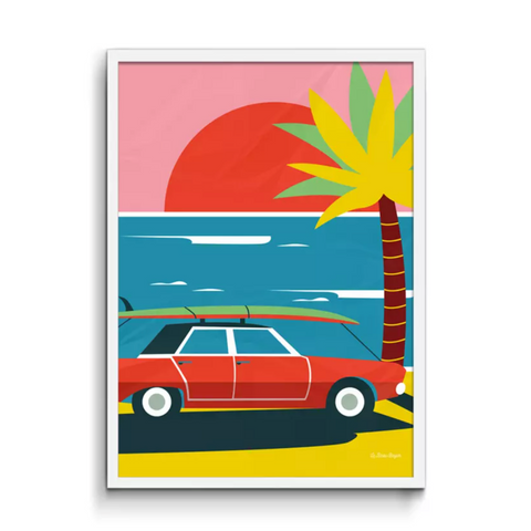 Poster mit Vintage Car und Palme am Strand 