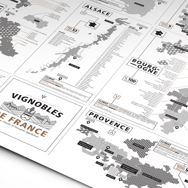 Weinkarte von Languedoc-Roussilon in Frankreich in Schwarz und Weiß mit minimalistichen Design von La Majorette à Moustache