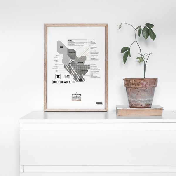 Deko mit Poster in Schwarz Weiß mit minimalistischen Grafik illustriert die Weinanbaugebiete von Bordeaux