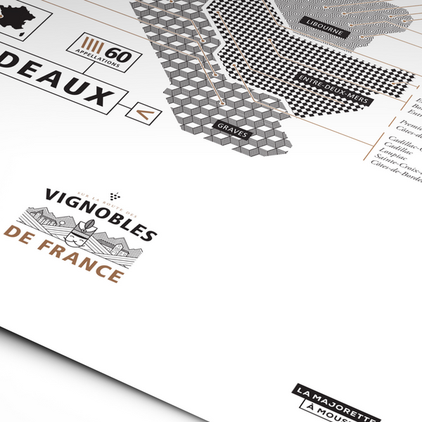 Zoom auf Poster in Schwarz Weiß mit minimalistischen Grafik illustriert die Weinanbaugebiete von Bordeaux - Weinkarte von La Majorette à moustache