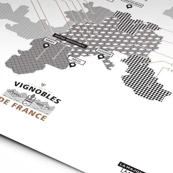 Zoom auf Poster mit minimalistischen Design illustriert die Weinberge des Rhonetals von La Majorette à Moustache aus Frankreich