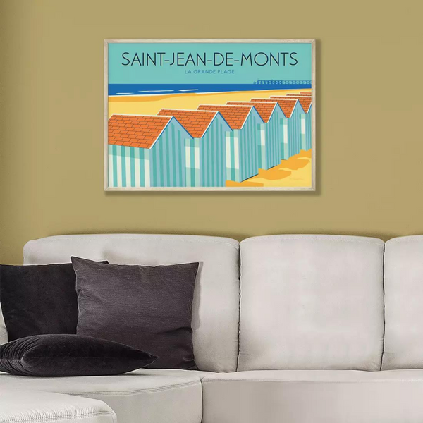 La grande plage, Saint-Jean-de-Monts - Poster 30 x 40 cm: Strand, Atlantik und kleine Holzhütte weiß und blau auf dem Strand. Das Poster hängt auf der Wand